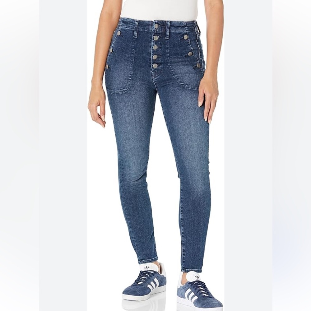 7 For All Mankind High Rise Blue Jeans Portia Button Front Denim Stretch Skinny